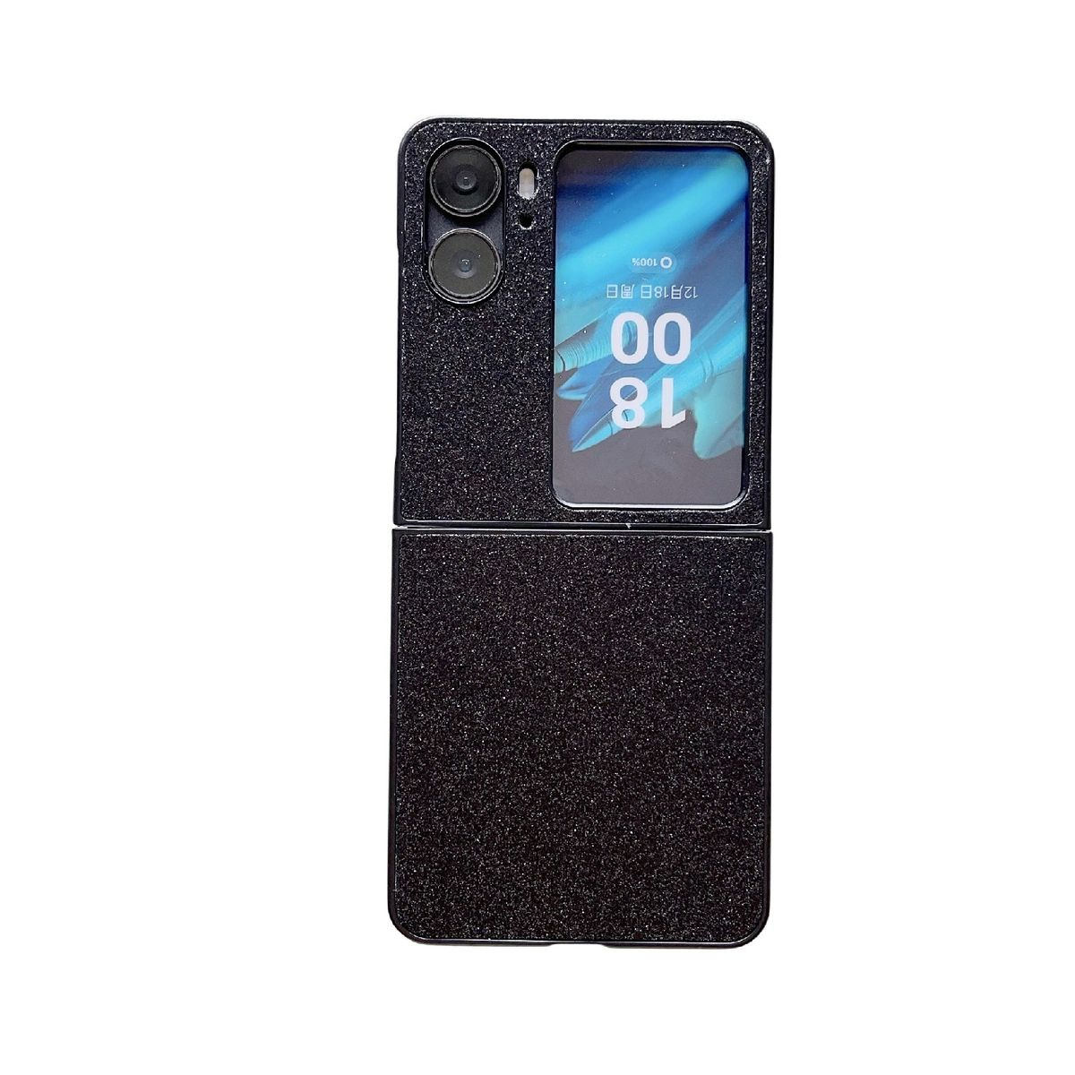 Eine schwarze Handyhülle mit einem Bildschirm, der ein Datum anzeigt, geöffnet, mit glitzernder Textur.