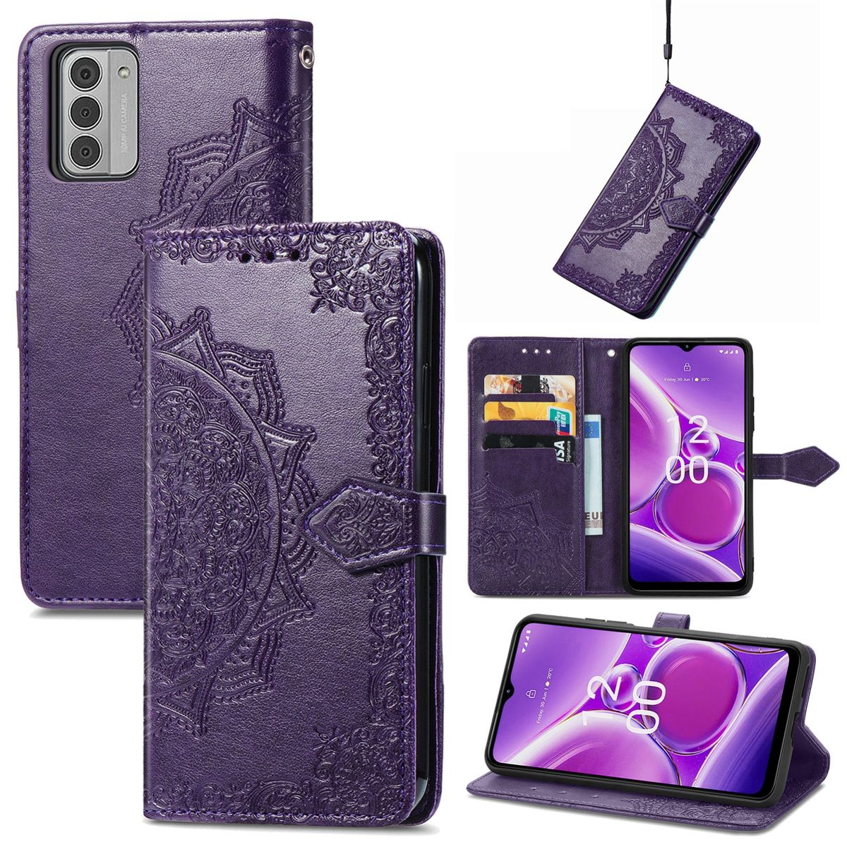 Lila Handyhülle, mehrere Ansichten, mit Telefon.