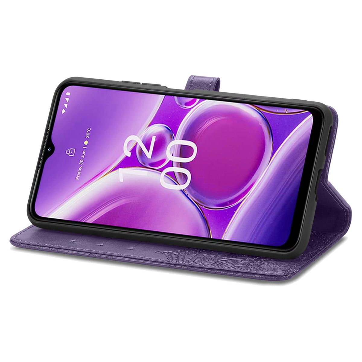 Lila Handyhülle, geöffnet, mit einem Telefon darin. Das Telefon zeigt die Uhrzeit an. Hülle mit floralem Design.