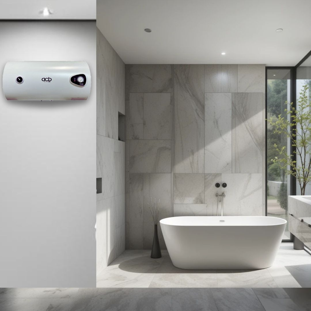 Un calentador de agua blanco en una pared. Un baño moderno con bañera está en el fondo.