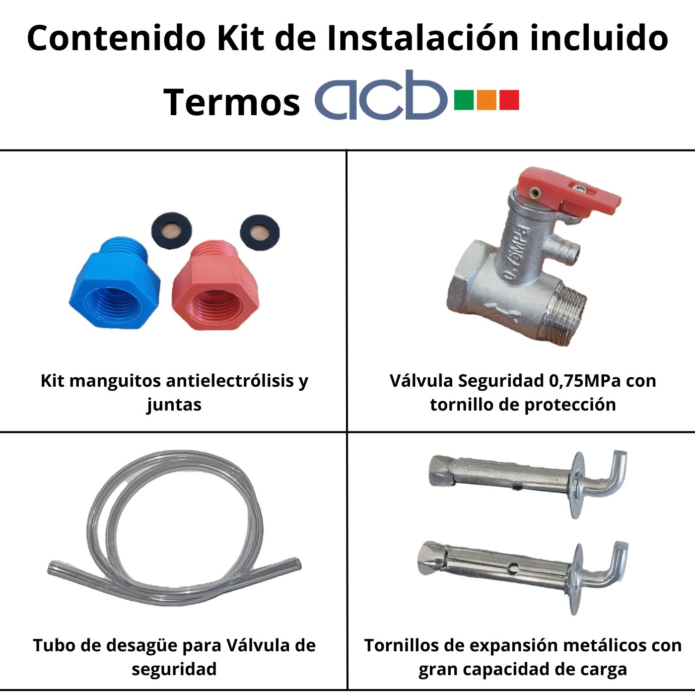 Kit de instalación con accesorios y válvula de seguridad. Accesorios azules y rojos, válvula plateada y tubo metálico.