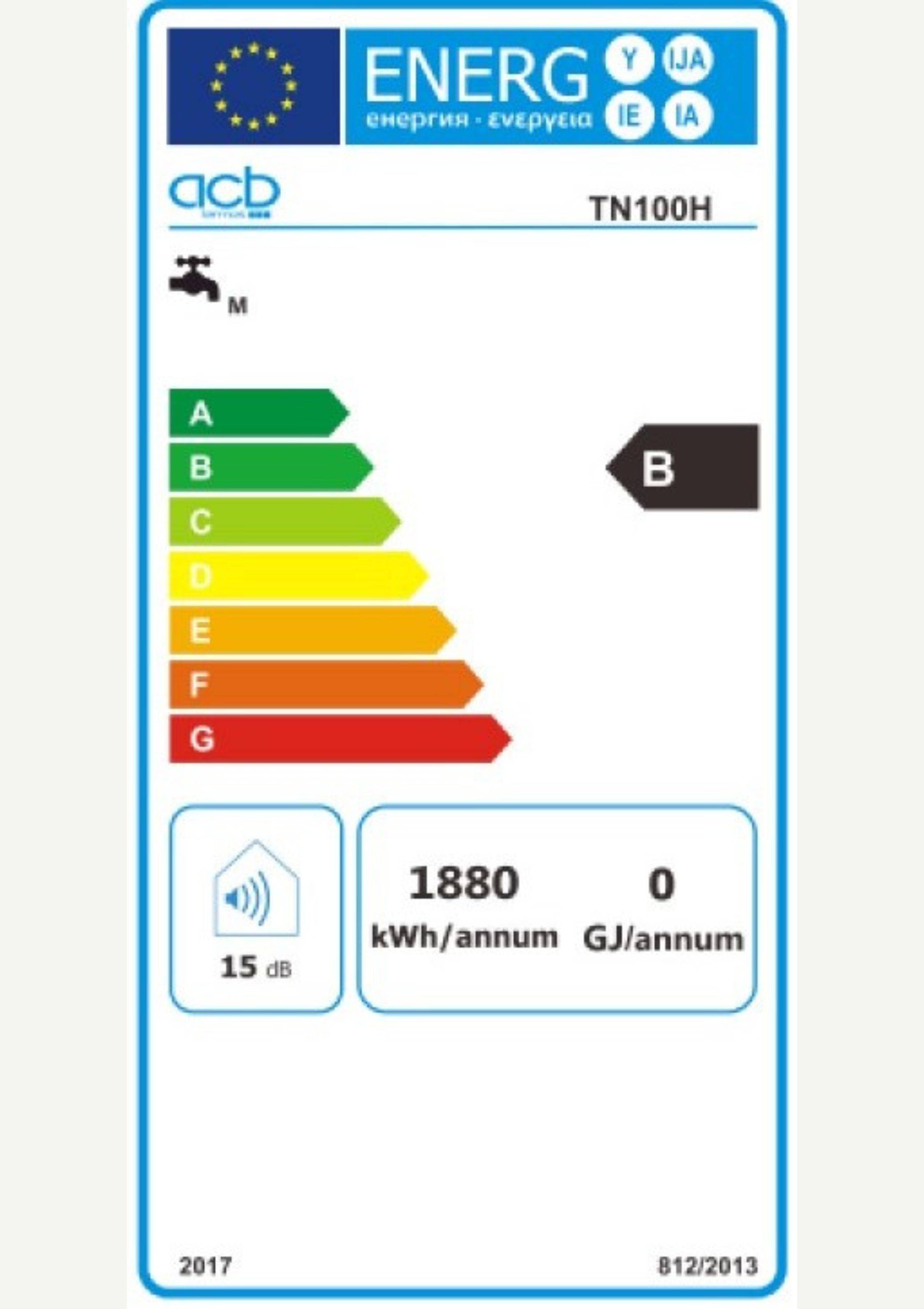 Etiqueta de eficiencia energética con barras y texto de varios colores. La etiqueta muestra un icono de grifo.