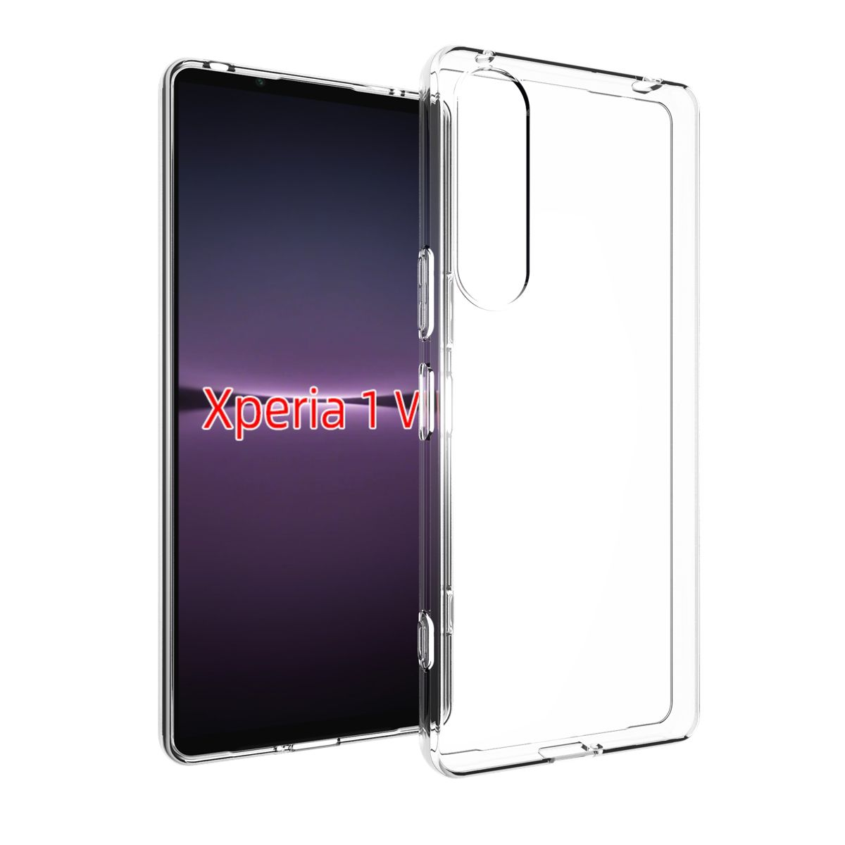 Transparente Handyhülle und das Telefon. Das Telefon zeigt 'Xperia 1 V' auf dem Bildschirm.