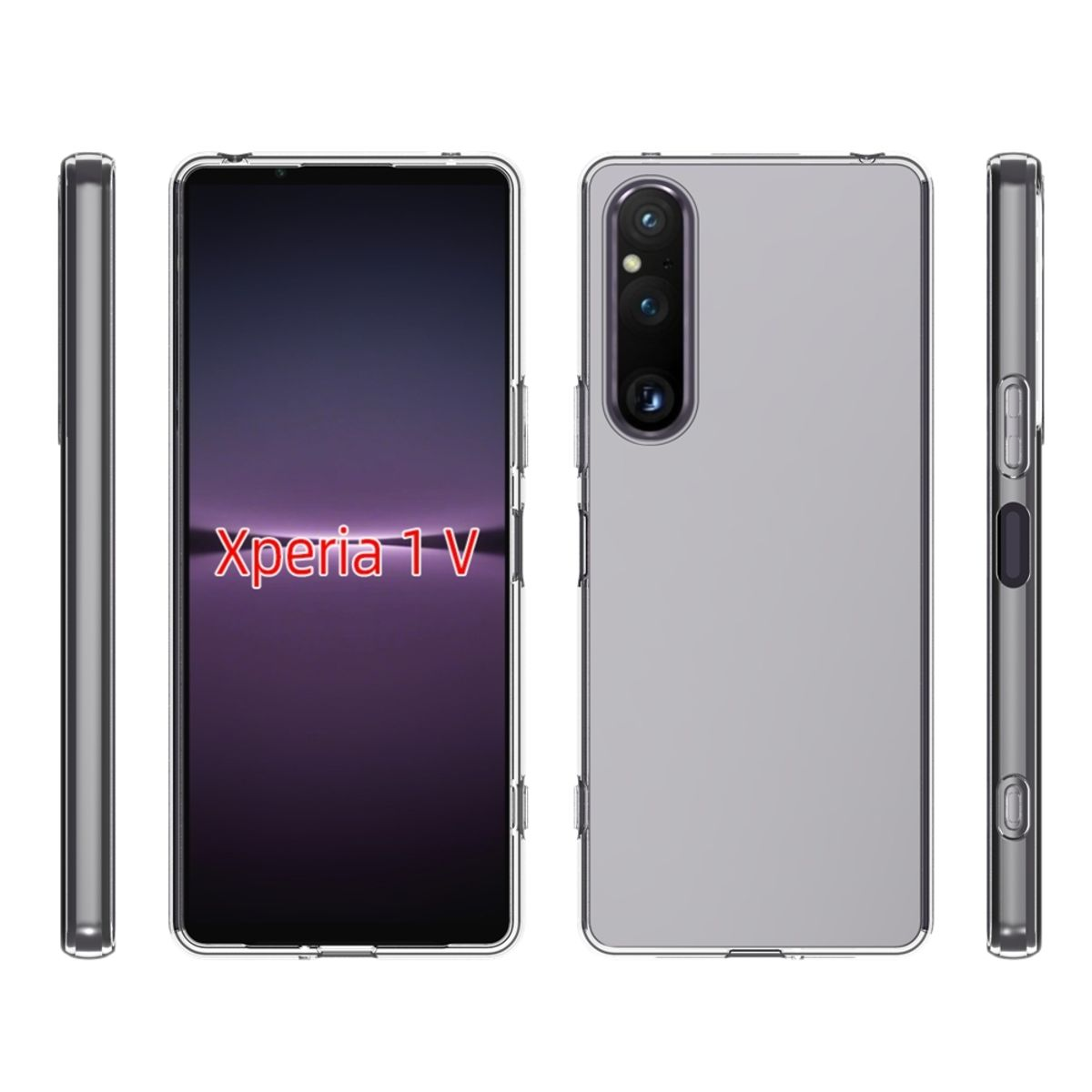 Telefon mit klarer Hülle, Vorder- und Rückseite zeigend, mit Seitenansichten.