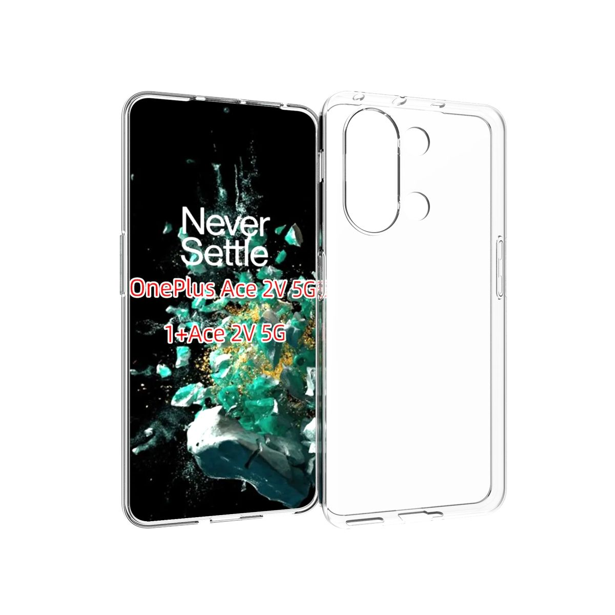 Transparente Handyhülle und Telefon mit schwarzem Bildschirm und weißem Text 'Never Settle'.