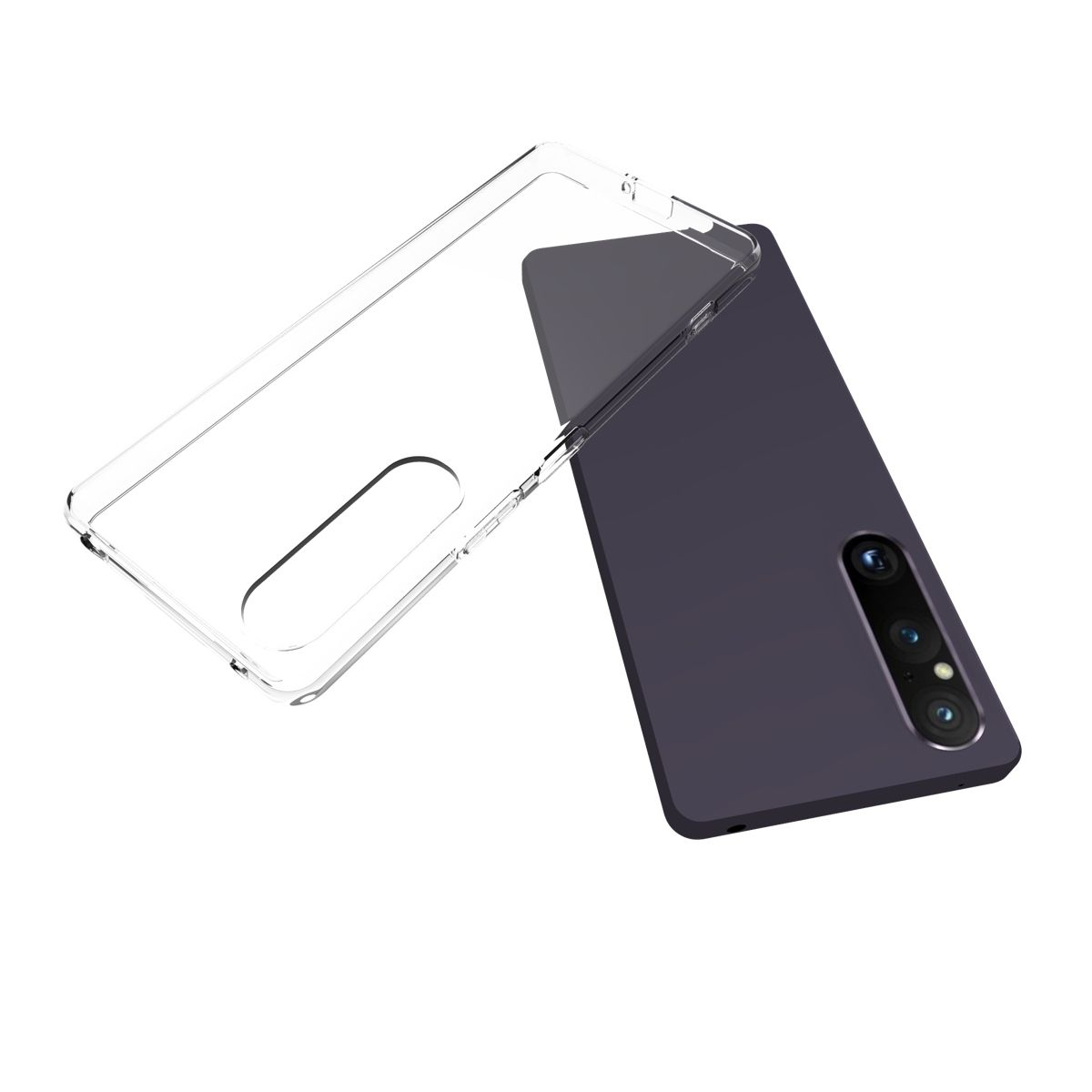 Transparente Handyhülle, mit einem eingelegten Telefon. Das Telefon ist dunkelviolett.