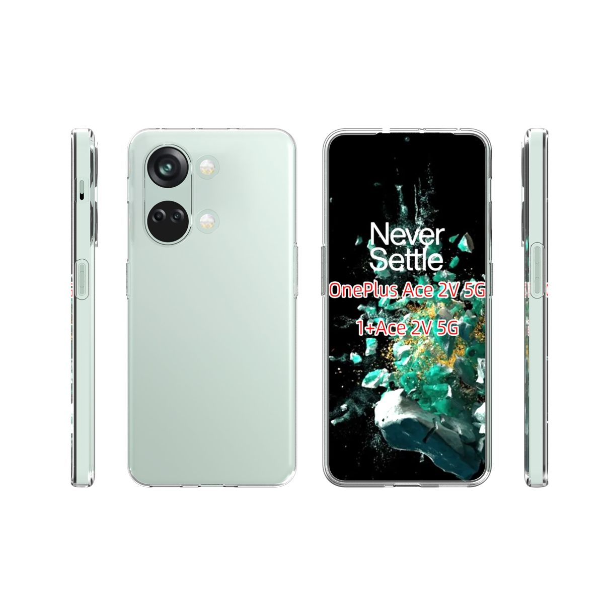 Ein grünes OnePlus Ace 2V 5G-Telefon mit Hülle. Verschiedene Ansichten des Telefons.