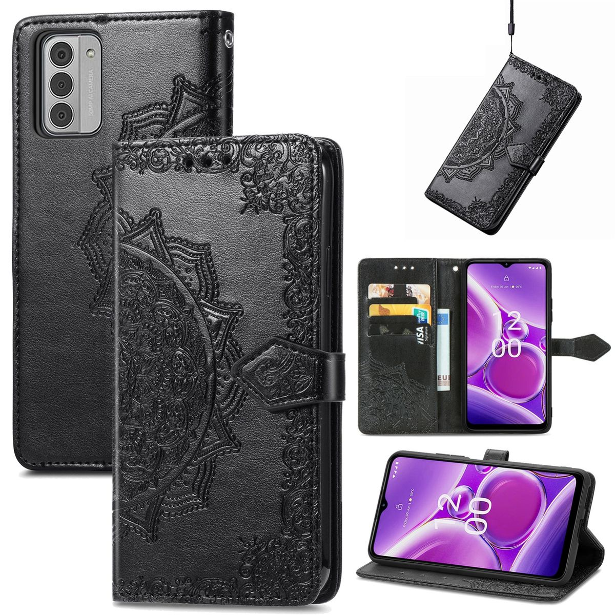Schwarze Handyhülle mit Mandala-Design, mehrere Ansichten zeigen Telefon, Kartenfächer und Handschlaufe.