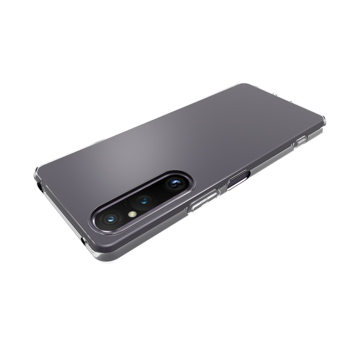 Ein graues Smartphone mit einer durchsichtigen Hülle. Das Telefon hat drei Rückkameras und einen weißen Hintergrund.