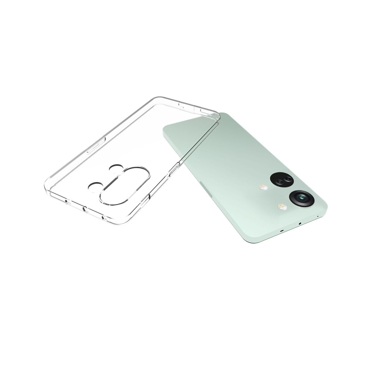 Transparente Handyhülle mit mintfarbenem Telefon, Linsen sichtbar, auf weißem Hintergrund.