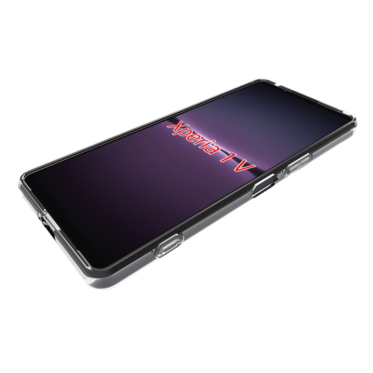 Transparente Handyhülle mit Telefon. Das Telefon hat einen schwarzen Bildschirm.