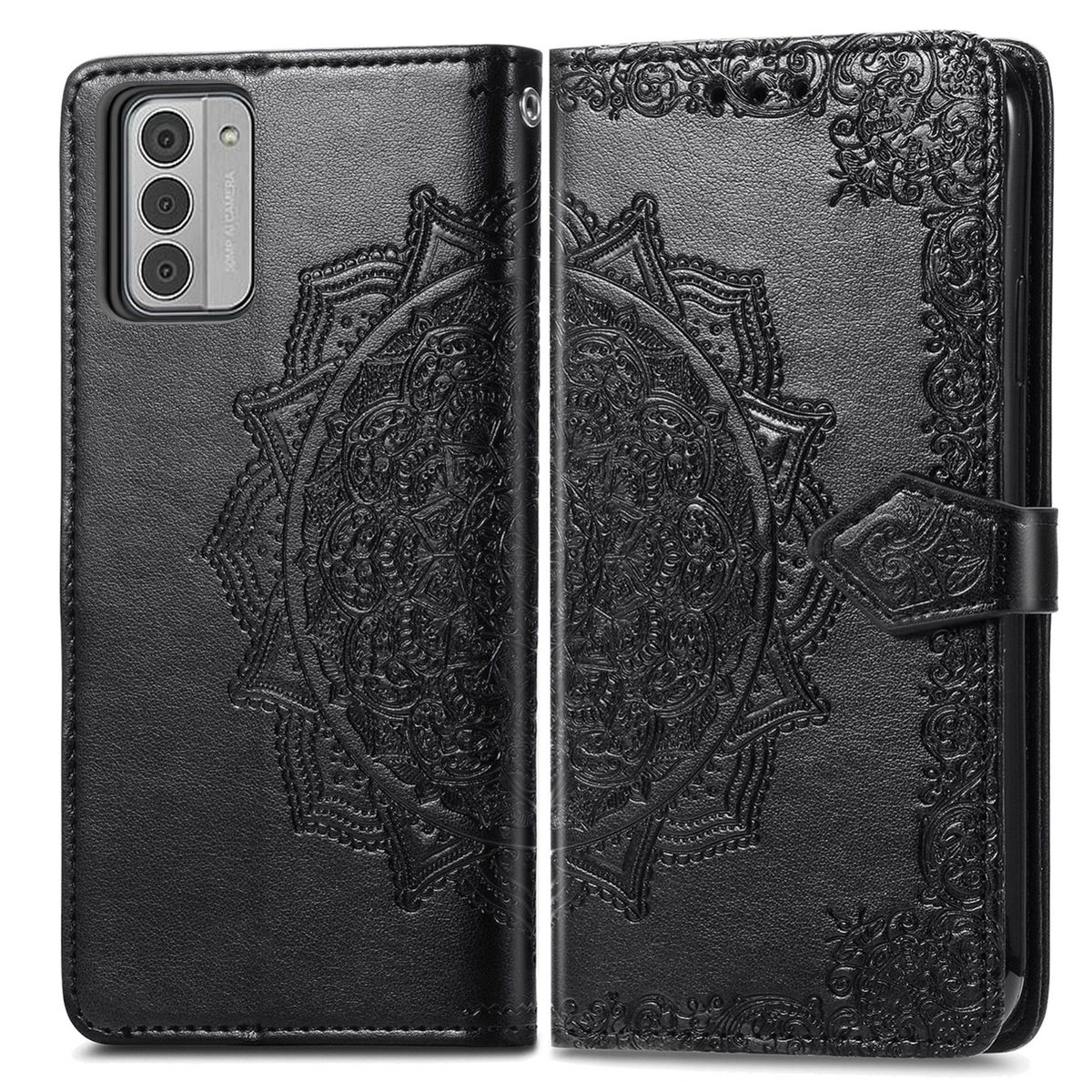 Schwarze Telefonhülle, offen. Aufwendiges Mandala-Design, schwarzes Lederimitat. Telefon mit Kamera sichtbar.