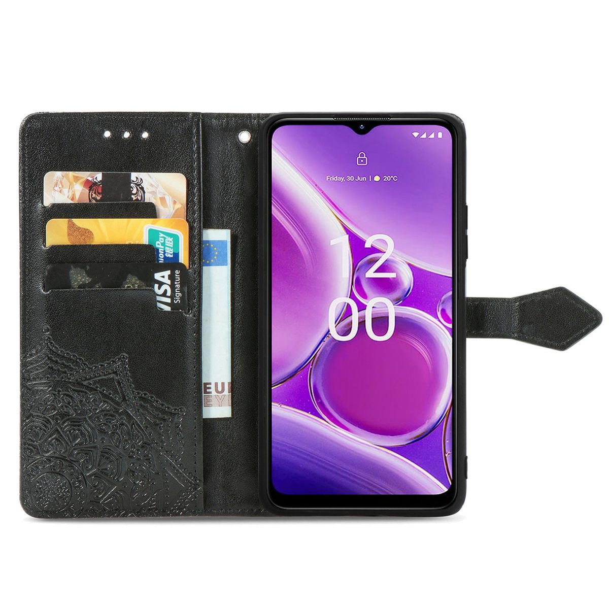 Schwarzes Telefon in einer lila Handyhülle mit Karten, zeigt Uhrzeit und Datum.
