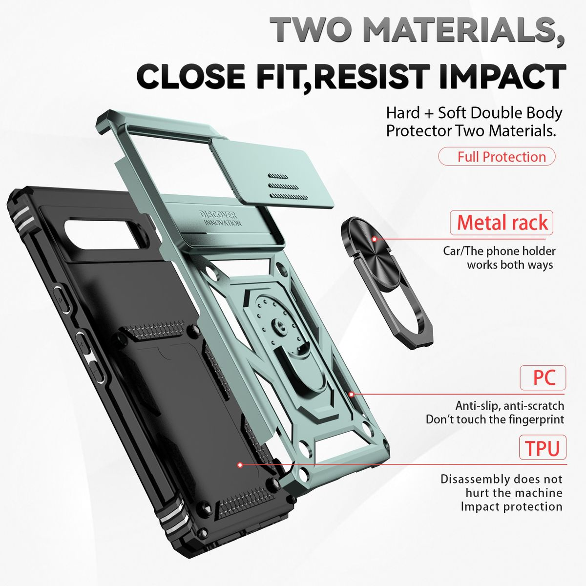 Handyhülle mit Metallring und schwarz-türkisem Design. Die Hülle ist offen, das Telefon ist darin.