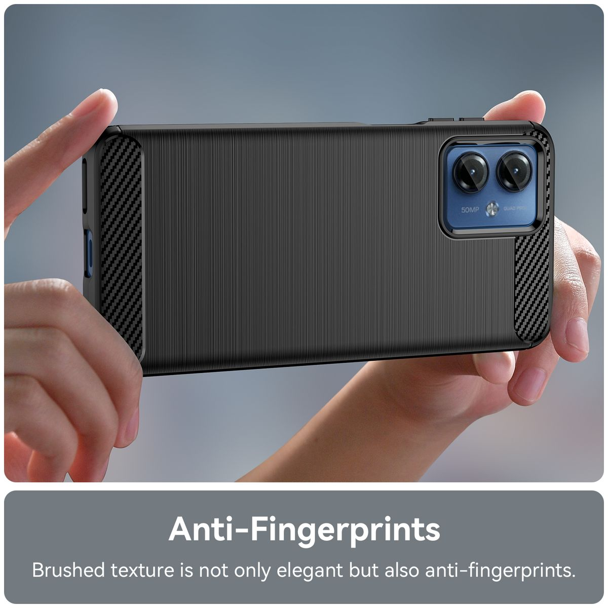 Schwarze Handyhülle mit strukturierter Rückseite. Text: Anti-Fingerabdrücke, gebürstete Textur ist elegant.