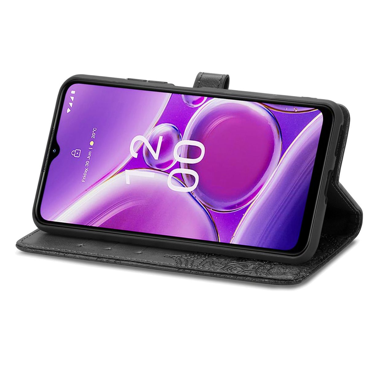 Telefon in einem schwarzen Gehäuse, geöffnet. Der Bildschirm zeigt eine Uhr und ein Datum an. Blumendesign auf dem Gehäuse.