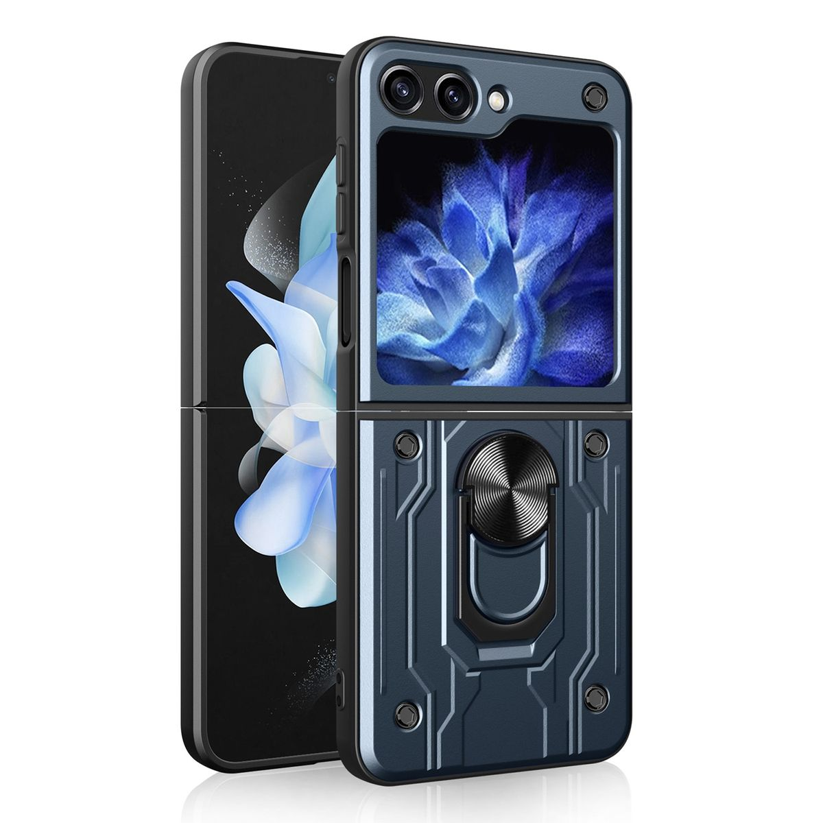 Eine blaue Handyhülle offen, zeigt den Bildschirm eines Telefons mit floralem Hintergrund. Ein Ringhalter ist sichtbar.