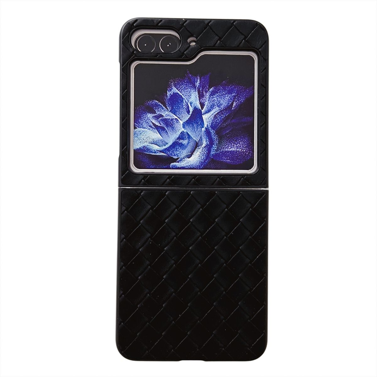 Schwarze Handyhülle mit Bildschirm, der eine blaue Blume zeigt. Weißer Hintergrund.