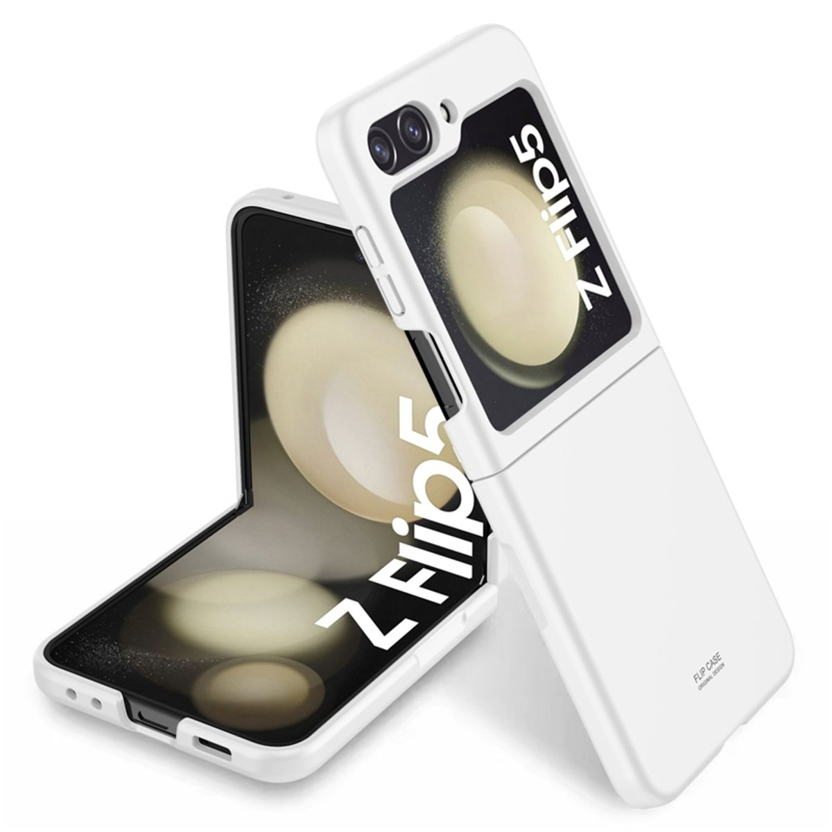 Weiße Handyhülle für ein faltbares Handy, offen und geschlossen. Das Handy ist mit 'Z Flip5' beschriftet.