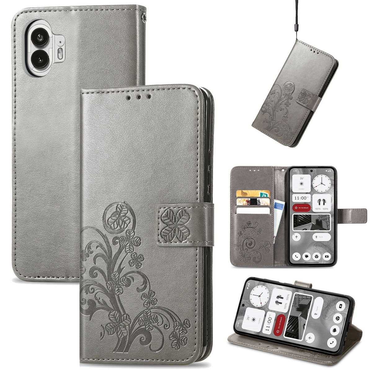 Graue Handyhülle mit floralem Design und mehreren Ansichten. Telefonbildschirme zeigen Benutzeroberfläche.