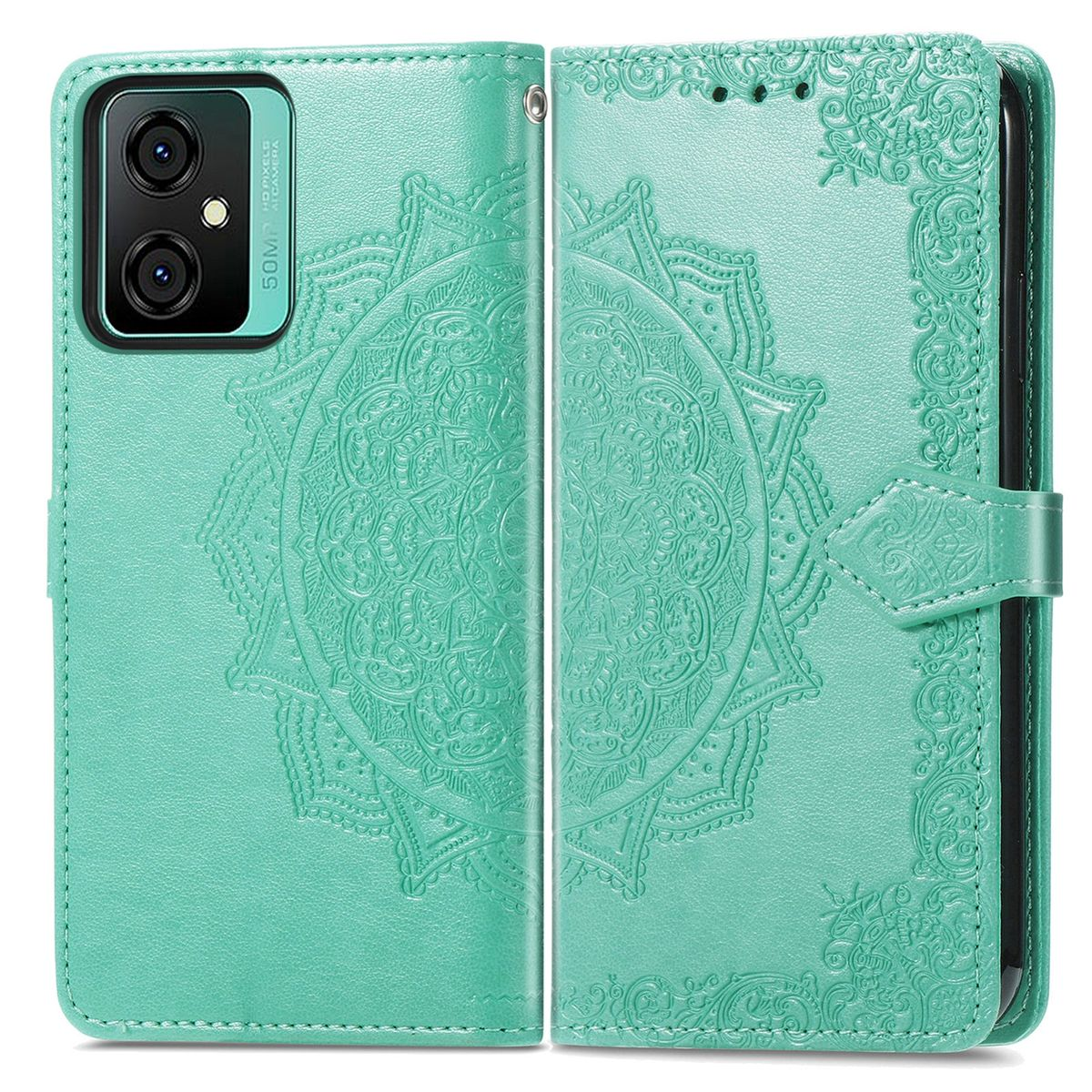 Türkisfarbene Handyhülle mit Mandala-Design, geöffnet, um den Bildschirm freizulegen.