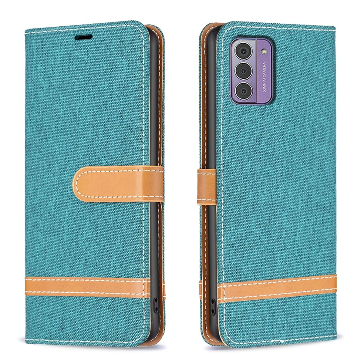 Türkisfarbene Handyhülle im Brieftaschenstil mit braunem Riemen und Nähten.