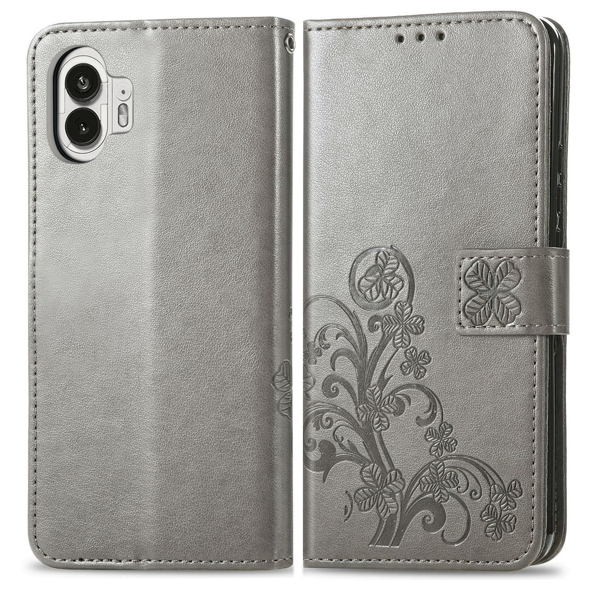 Offene silberne Handyhülle mit floralem Design. Das Telefon ist nicht eingesetzt. Die Hülle hat einen Magnetverschluss.