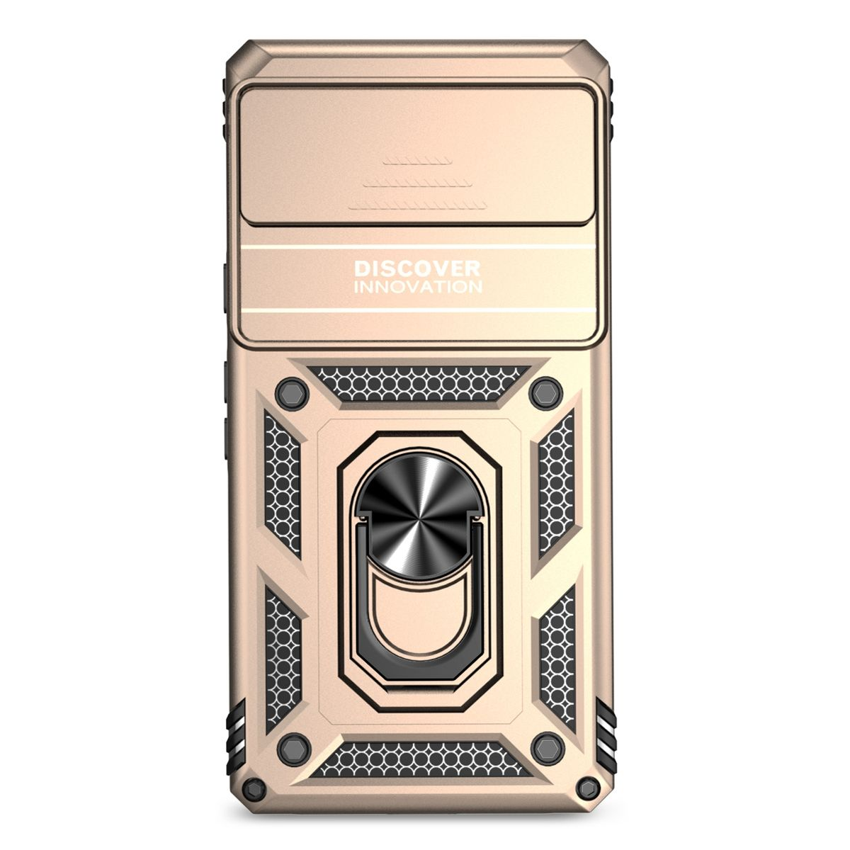 Goldene Handyhülle mit verschiebbarer Kameraabdeckung und Ringhalter. Mit strukturiertem Design.