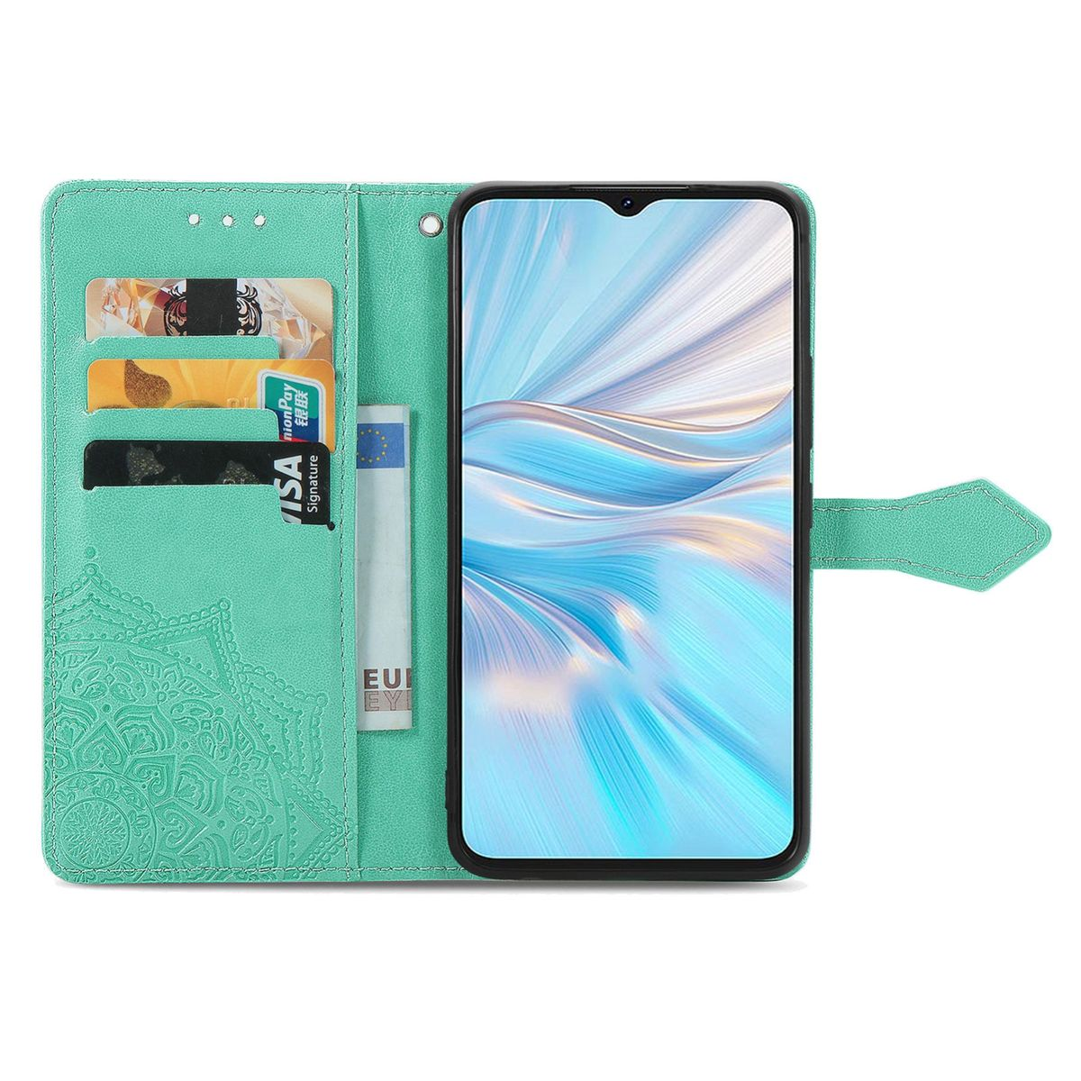 Geöffnete Handyhülle mit Karten und einem Telefon. Türkis, Mandala-Design.