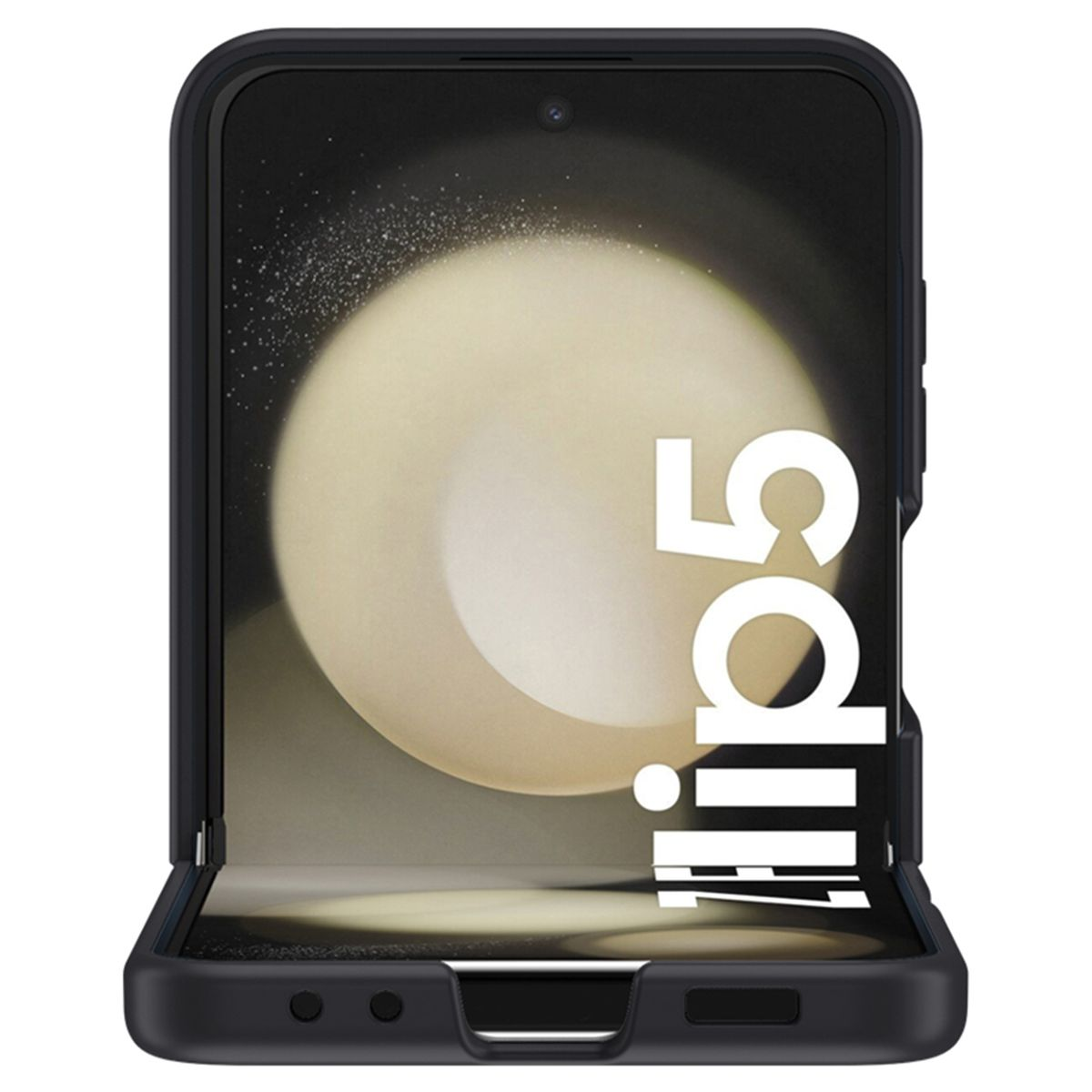 Eine schwarze Handyhülle mit einem Telefon darin, auf dem Bildschirm die Worte „Flip5“ stehen.