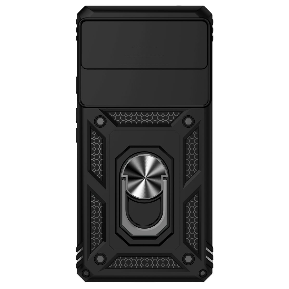 Eine schwarze Handyhülle mit verschiebbarer Kameraabdeckung und Ringhalter. Die Hülle hat ein geometrisches Design.