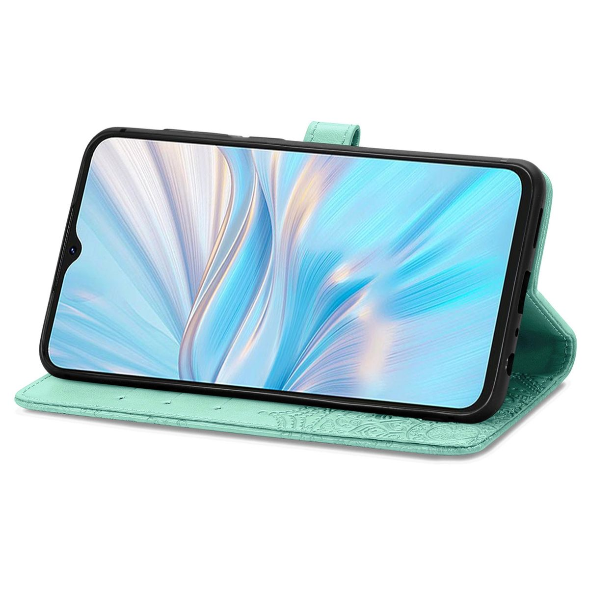 Smartphone in hellgrüner Hülle, offen. Der Bildschirm zeigt ein abstraktes blau-weißes Design.