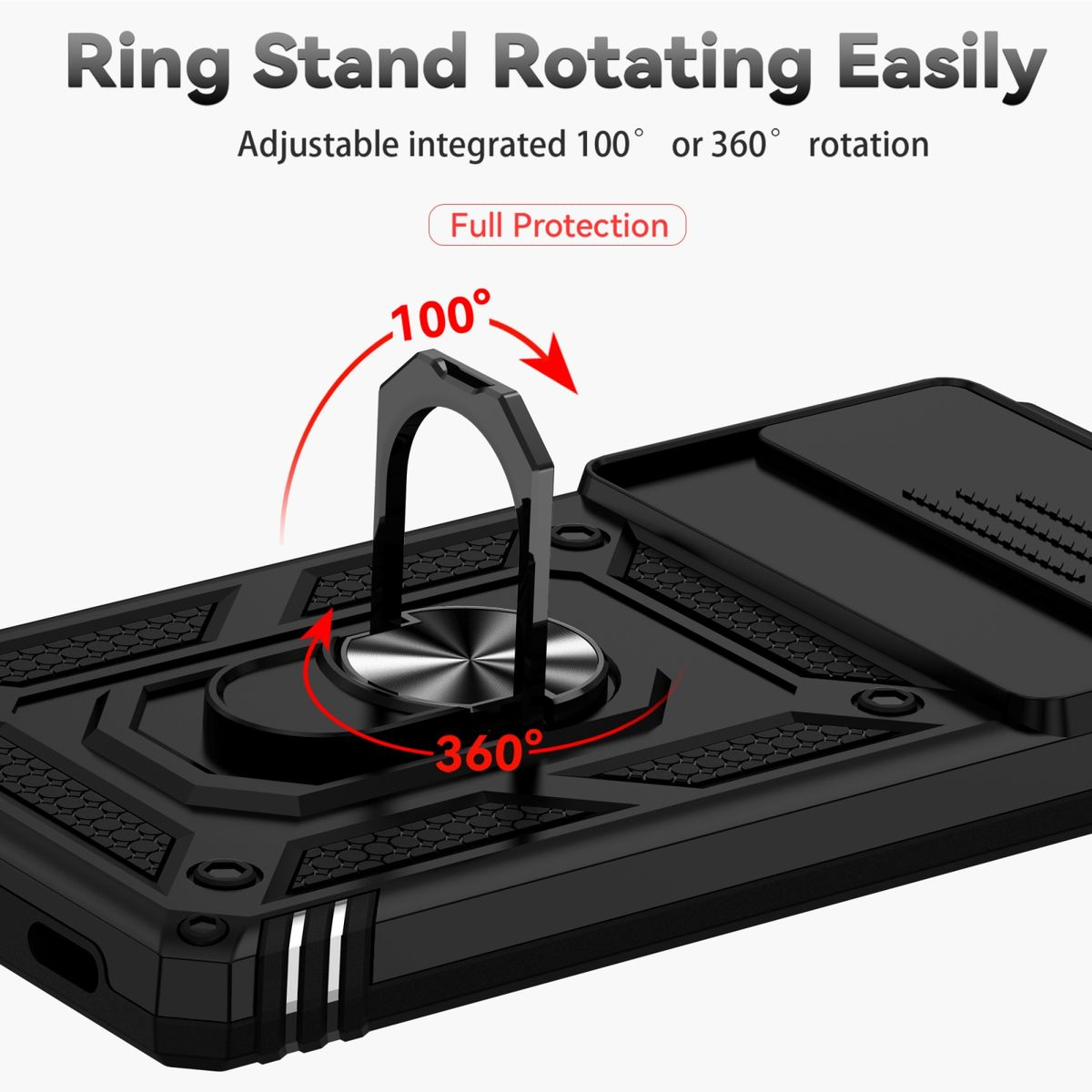 Schwarze Handyhülle mit drehbarem Ringständer. Der Ständer kann sich um 100 oder 360 Grad drehen.