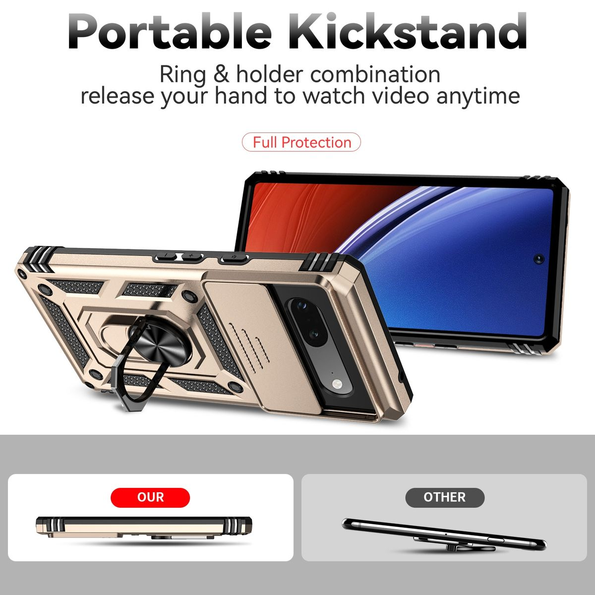 Goldene Handyhülle mit Ringständer, hochgestellt, um ein Telefon zu präsentieren. Text: "Portable Kickstand".