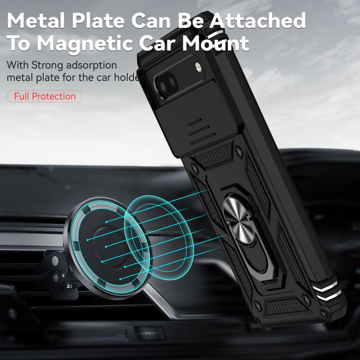 Schwarze Handyhülle an einer magnetischen Autohalterung befestigt. Text: Metallplatte für Autohalterung.
