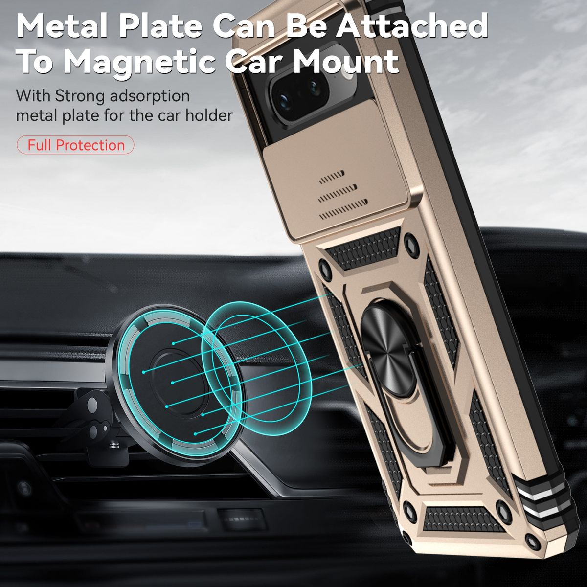Goldene Handyhülle mit magnetischer Autohalterung, mit befestigtem Telefon und Auto-Innenraum.