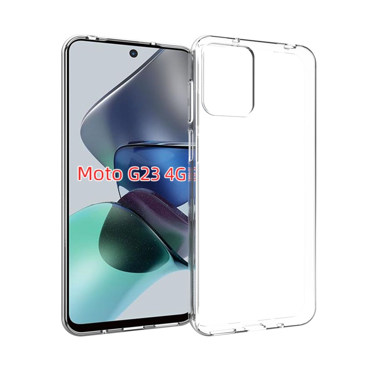 Transparente Handyhülle mit Telefon darin. Auf dem Telefon steht „Moto G23 4G“.