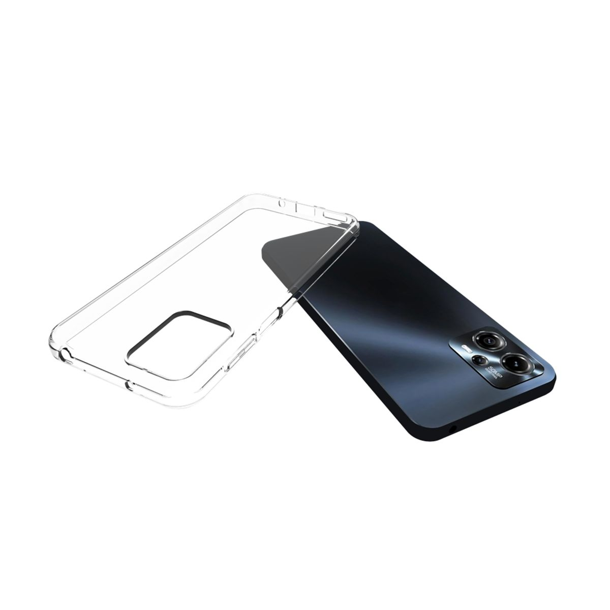 Schwarzes Telefon mit einer transparenten Hülle daneben. Weißer Hintergrund.