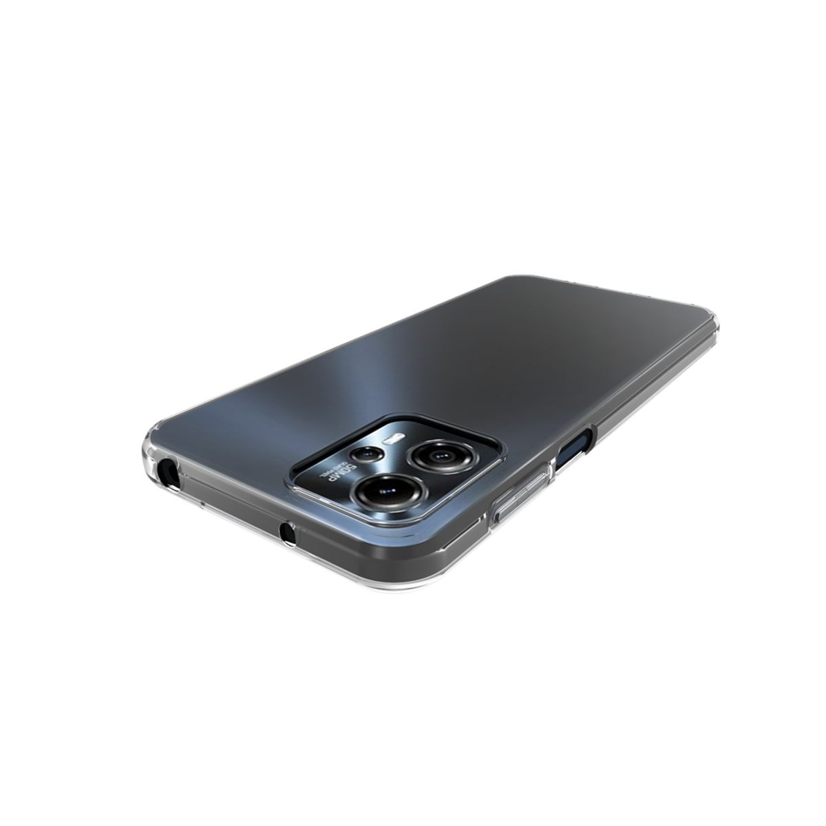 Eine Handyhülle mit Kameraausbuchtung. Das Telefon ist schwarz. Die Hülle ist transparent.