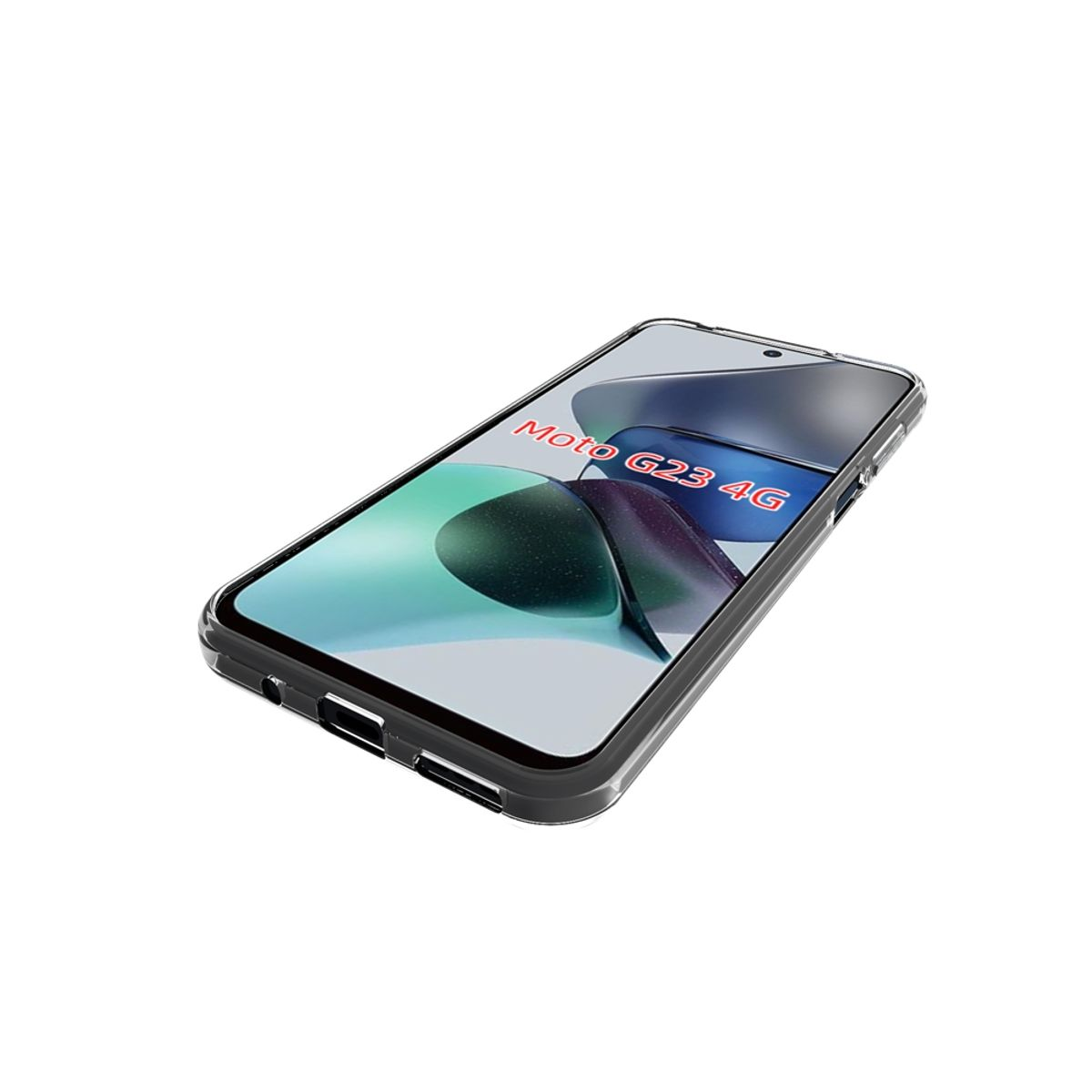 Ein schwarzes Telefon mit dem Text 'Moto G23 4G' auf dem Bildschirm.