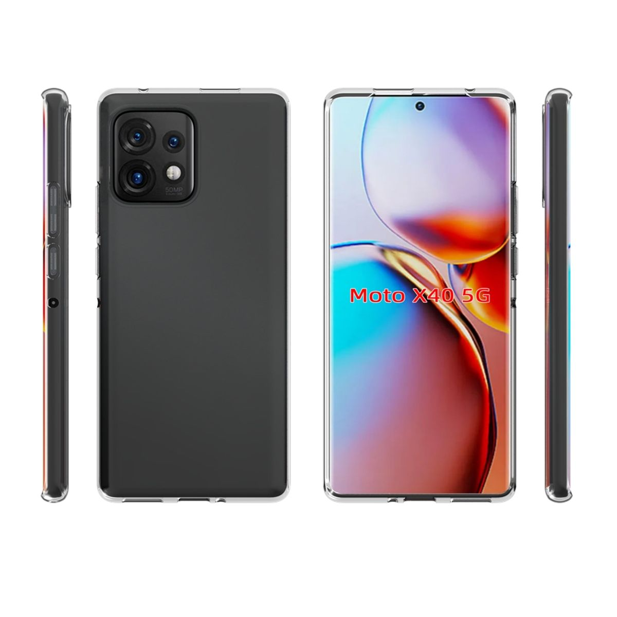 Smartphone mit durchsichtigem Gehäuse, drei Ansichten.