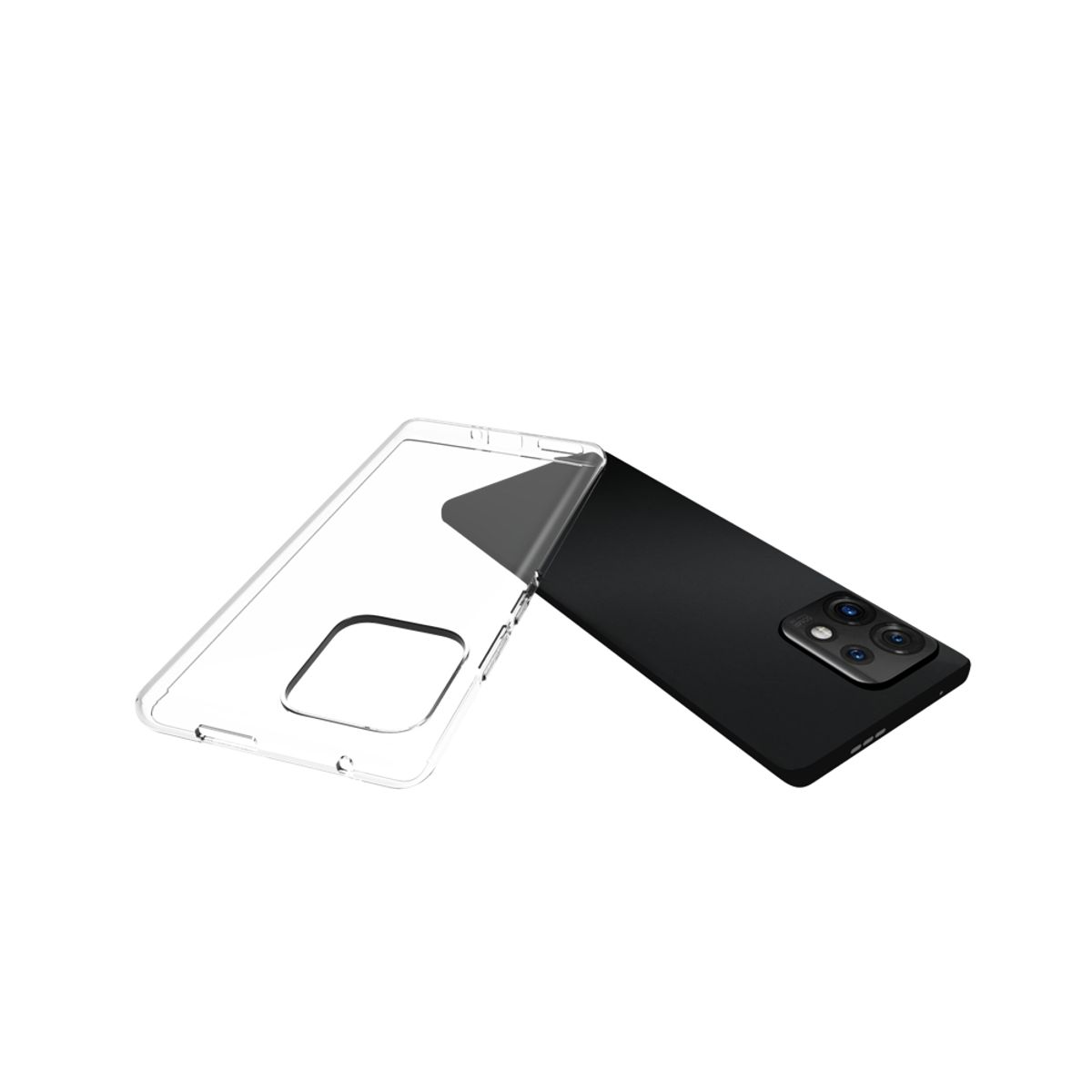 Schwarze Handyhülle mit einer transparenten Hülle. Das Telefon ist schwarz. Die Hülle ist in der Nähe des Telefons.
