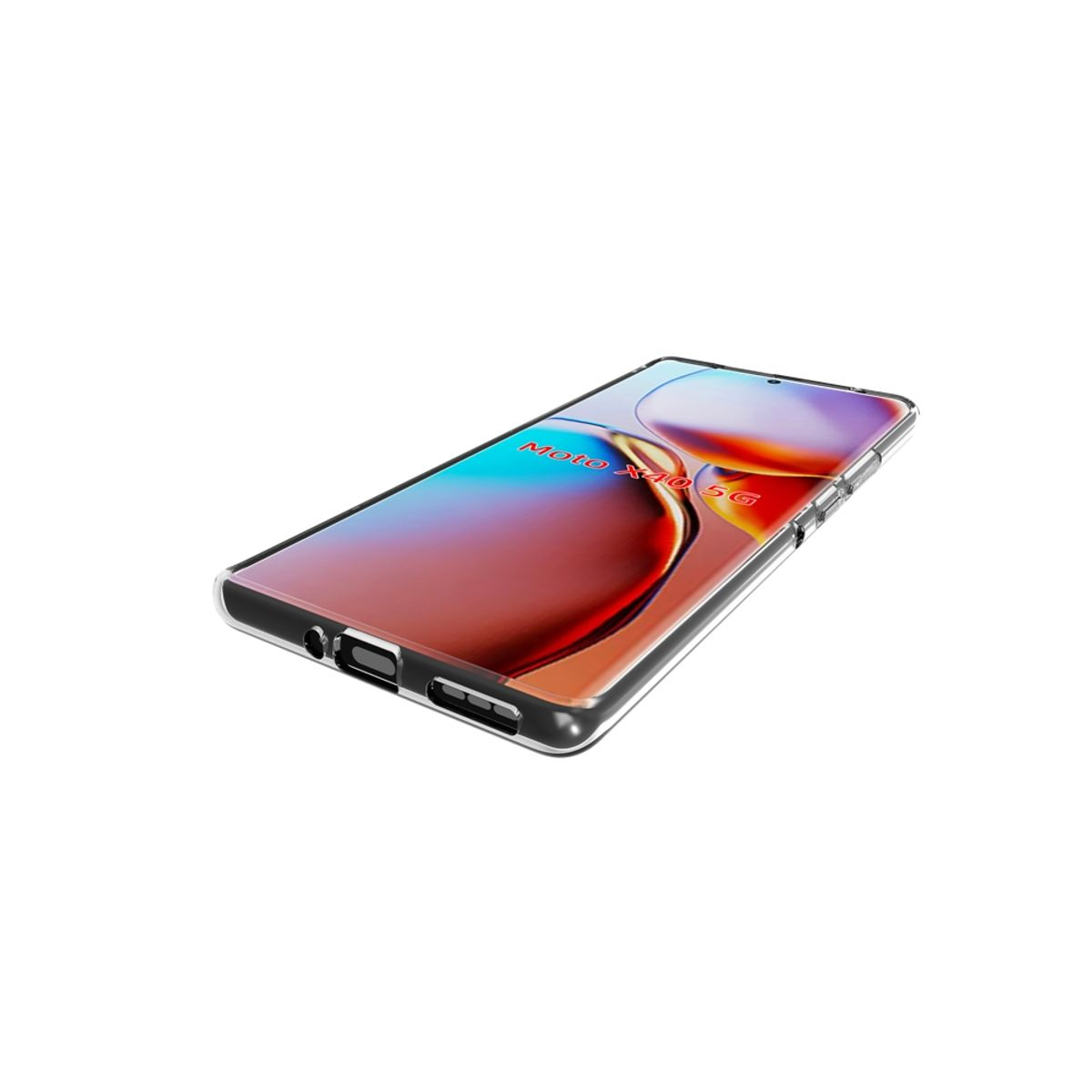 Moto X40 5G Telefon in einer transparenten Hülle. Telefon ist abgewinkelt, zeigt den Bildschirm.