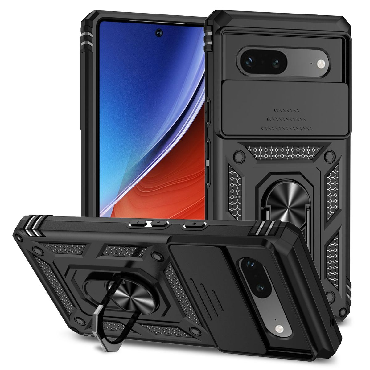 Schwarze Handyhülle mit einem Telefon darin, mit einem Ringhalter und einer Kameraabdeckung.