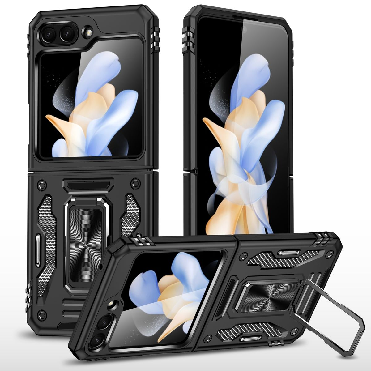 Schwarzes Handyhüllen-Set für faltbares Telefon, verschiedene Winkel, Kamera und Ständer.