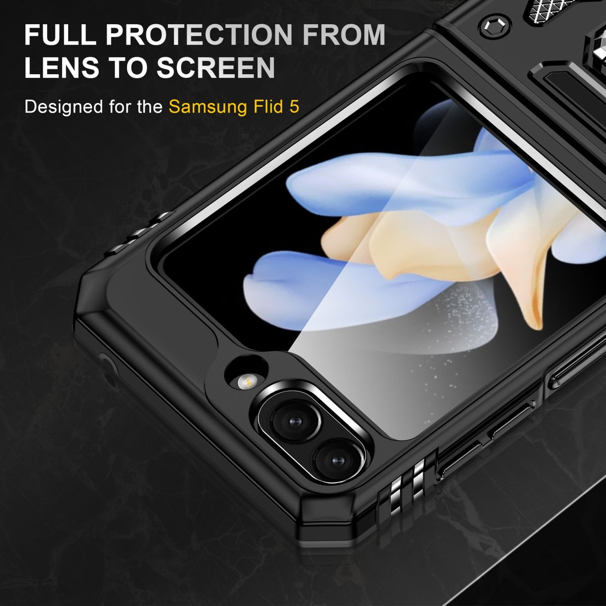 Schwarze Handyhülle mit offenem Bildschirm. Text: Voller Schutz, Linse zum Bildschirm. Für Samsung Z Flip 5.