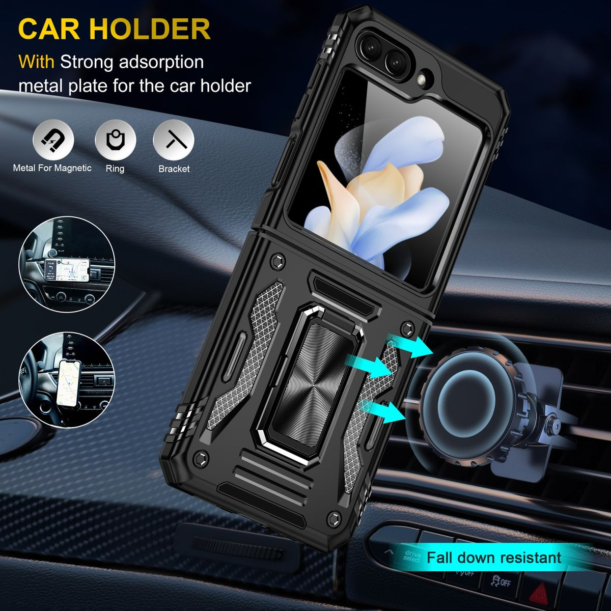 Schwarze Handyhülle mit Autohalterung und Telefon im Auto.
