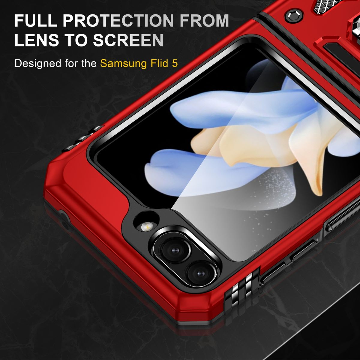 Rote Handyhülle mit schwarzen Akzenten. Für Samsung Z Flip 5. Text: Vollständiger Schutz von Linse zu Bildschirm.