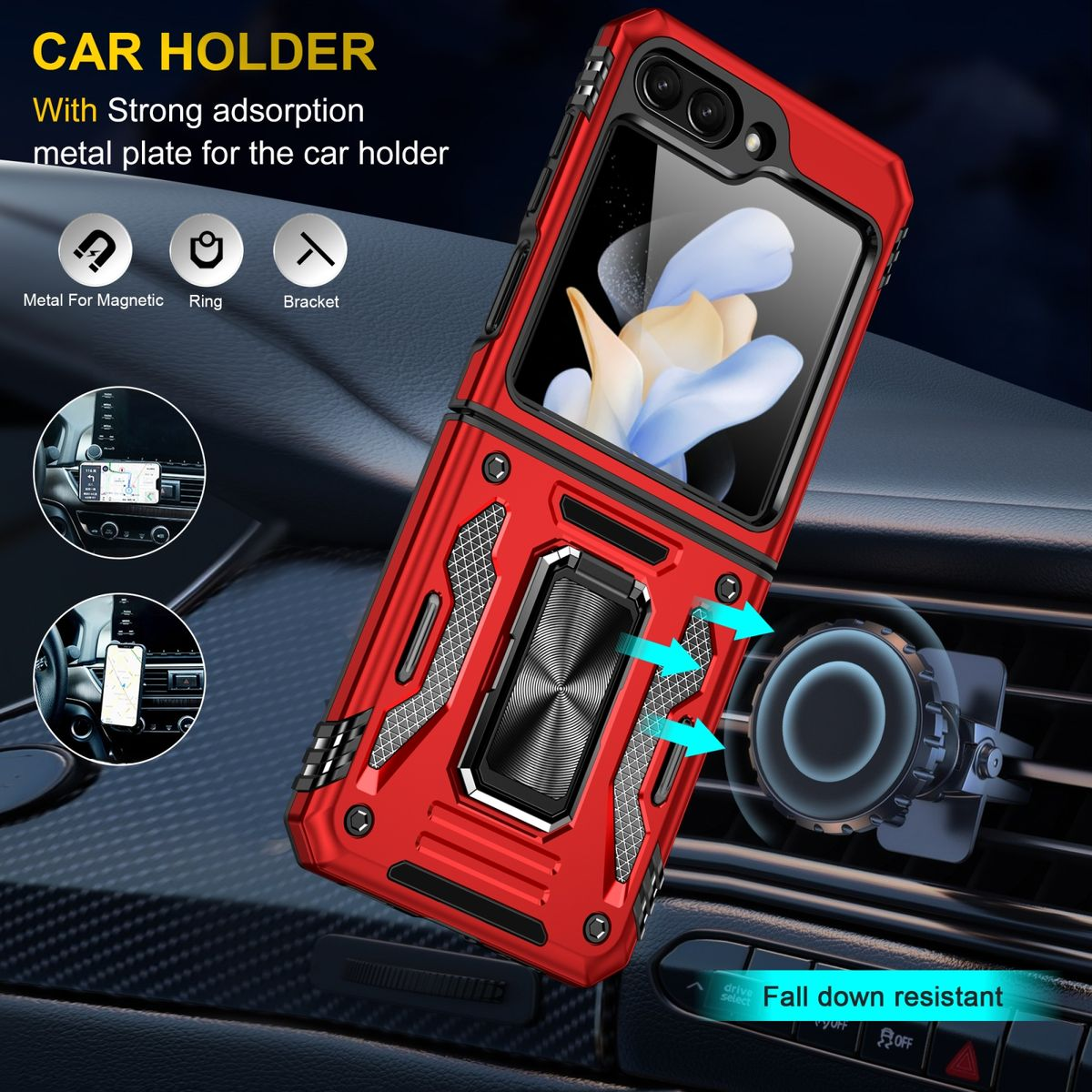 Rote Handyhülle mit Ringhalter. Das Telefon befindet sich in einem Auto, montiert an einer Lüftungsöffnung.