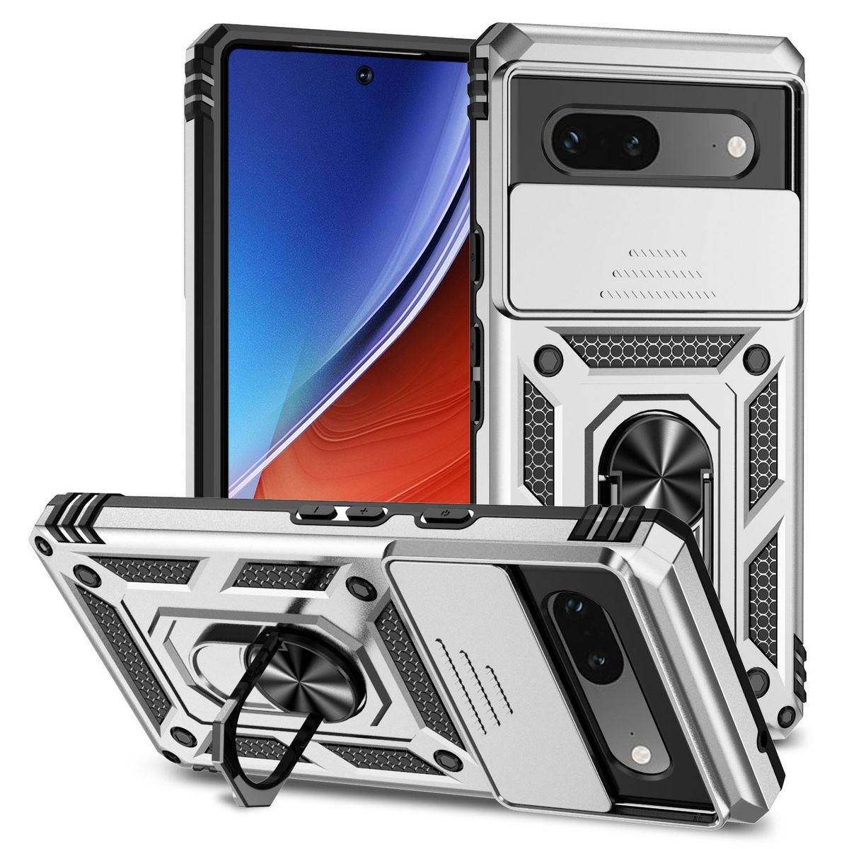 Silber-schwarze Handyhülle mit Telefon. Die Hülle hat einen Ringhalter.